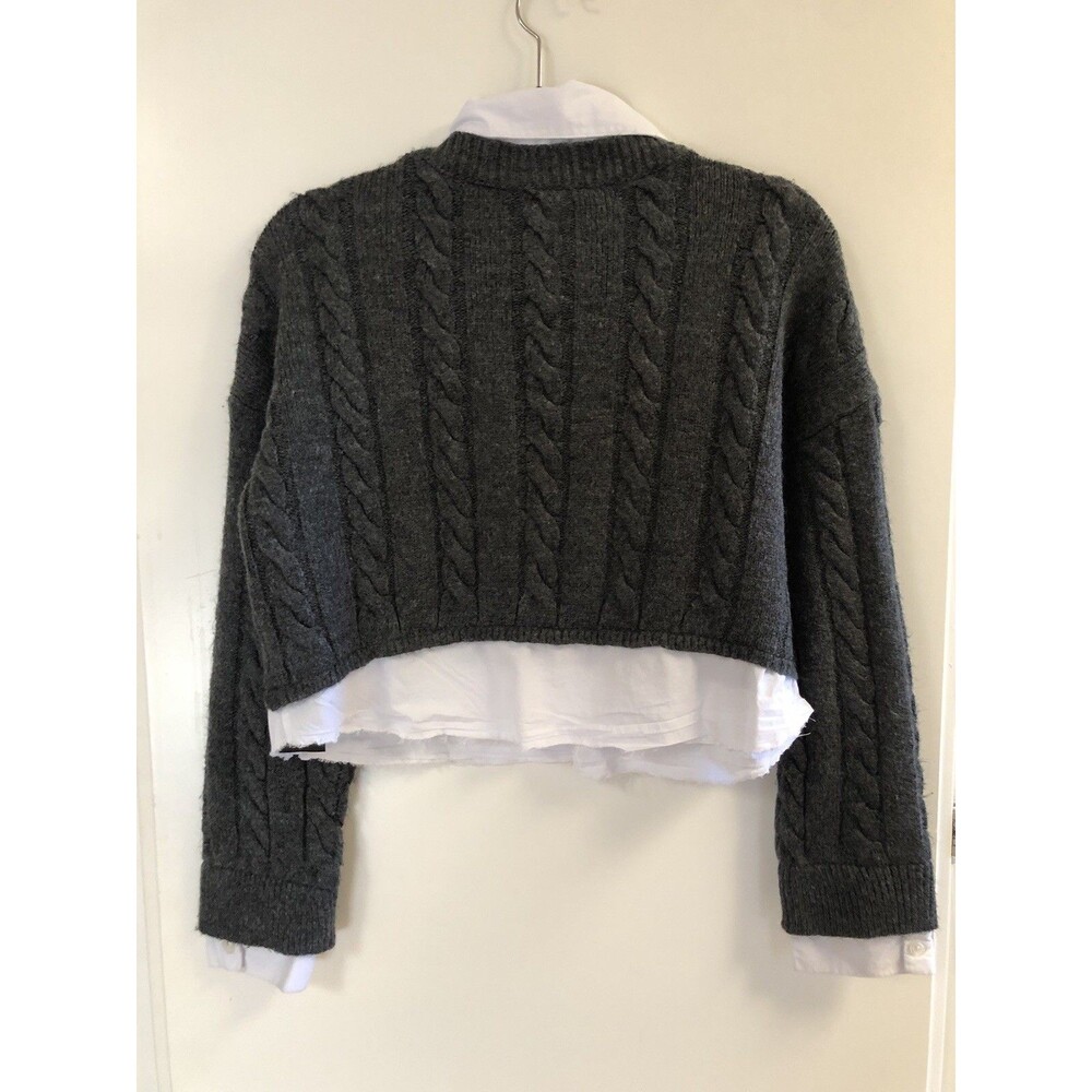 Anthropologie Pilcro Cropped Cable-Knit Twofer Sweater Gray White Sz Medium - Picture 9 of 12